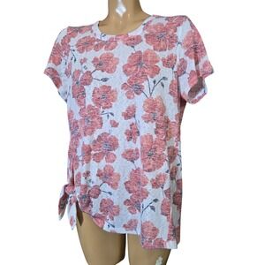 Bobeau Women's Size Large Floral Print Short Sleeve Tie Front‎ Top White Coral